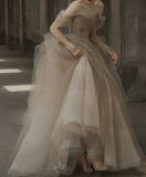Ndyad Tulle Lace Long Prom Dress, Champagne Formal Evening Dress HZ1024