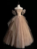 Ndyad Tulle Lace Long Prom Dress, Champagne Formal Evening Dress HZ1024