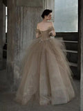 Ndyad Tulle Lace Long Prom Dress, Champagne Formal Evening Dress HZ1024