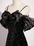 Ndyad Off Shoulder Velvet Sequin Long Black Prom Dress, Black Long Evening Dress HZ1024