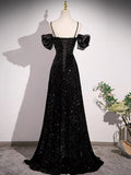 Ndyad Off Shoulder Velvet Sequin Long Black Prom Dress, Black Long Evening Dress HZ1024