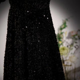 Ndyad Off Shoulder Velvet Sequin Long Black Prom Dress, Black Long Evening Dress HZ1024