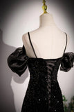 Ndyad Off Shoulder Velvet Sequin Long Black Prom Dress, Black Long Evening Dress HZ1024