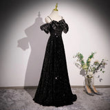 Ndyad Off Shoulder Velvet Sequin Long Black Prom Dress, Black Long Evening Dress HZ1024