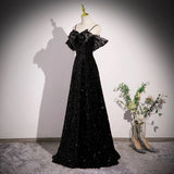 Ndyad Off Shoulder Velvet Sequin Long Black Prom Dress, Black Long Evening Dress HZ1024