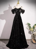Ndyad Off Shoulder Velvet Sequin Long Black Prom Dress, Black Long Evening Dress HZ1024