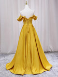 Ndyad Off Shoulder Satin Yellow Long Prom Dress, Yellow Formal Dress HZ1024