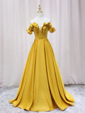 Ndyad Off Shoulder Satin Yellow Long Prom Dress, Yellow Formal Dress HZ1024
