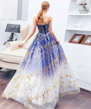 Ndyad Tulle Blue Long Prom Dress, Blue Tulle Long Evening Dresses HZ1024