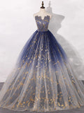 Ndyad Tulle Blue Long Prom Dress, Blue Tulle Long Evening Dresses HZ1024