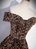 Ndyad Off Shoulder Coffee Gold Sequin Long Prom Dress, Coffee Gold Formal Dress HZ1024