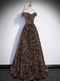 Ndyad Off Shoulder Coffee Gold Sequin Long Prom Dress, Coffee Gold Formal Dress HZ1024