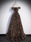 Ndyad Off Shoulder Coffee Gold Sequin Long Prom Dress, Coffee Gold Formal Dress HZ1024