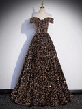 Ndyad Off Shoulder Coffee Gold Sequin Long Prom Dress, Coffee Gold Formal Dress HZ1024