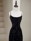 Ndyad Mermaid Velvet Sequin Black Long Prom Dress, Black Long Evening Dress HZ1024