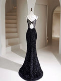 Ndyad Mermaid Velvet Sequin Black Long Prom Dress, Black Long Evening Dress HZ1024
