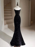 Ndyad Mermaid Velvet Sequin Black Long Prom Dress, Black Long Evening Dress HZ1024