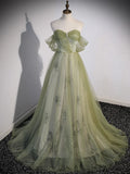 Ndyad Green Long Prom Dress, Green Tulle Formal Evening Dress HZ1024