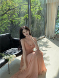 Ndyad A-line V-Neck Suspender Long Beach Dress Holiday Style Summer Fashion Dress HZ1024