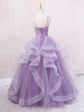 Ndyad v neck tulle long prom dress, purple tulle formal party dress HZ1024