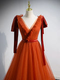 Ndyad Red V Neck Tulle Long Prom Dresses, Simple Formal Gown Graduation Dresses HZ1024