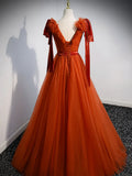 Ndyad Red V Neck Tulle Long Prom Dresses, Simple Formal Gown Graduation Dresses HZ1024