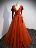 Ndyad Red V Neck Tulle Long Prom Dresses, Simple Formal Gown Graduation Dresses HZ1024