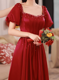 Ndyad A line satin beads long prom dress burgundy evening dress HZ1024