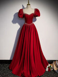 Ndyad A line satin beads long prom dress burgundy evening dress HZ1024