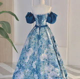 Ndyad A line satin long prom dress blue long evening dress HZ1024