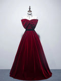 Ndyad A line burgundy long prom dress, velvet bridesmaid dresses HZ1024