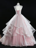 Ndyad A Line Tulle Lace Long Prom Dress, Pink Sweet 16 Dress HZ1024
