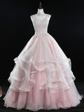 Ndyad A Line Tulle Lace Long Prom Dress, Pink Sweet 16 Dress HZ1024
