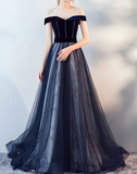 Ndyad Blue Tulle Velvet Long Prom Dress, Blue Evening Dress HZ1024