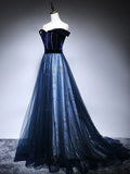 Ndyad Blue Tulle Velvet Long Prom Dress, Blue Evening Dress HZ1024