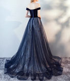 Ndyad Blue Tulle Velvet Long Prom Dress, Blue Evening Dress HZ1024