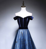 Ndyad Blue Tulle Velvet Long Prom Dress, Blue Evening Dress HZ1024