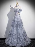 Ndyad A-line Off-shoulder Tulle Long Prom Dress, Gray Evening Dress HZ1024