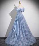 Ndyad A-line Off-shoulder Tulle Satin Long Prom Dress, Blue Evening Dress HZ1024