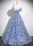 Ndyad A-line Off-shoulder Tulle Satin Long Prom Dress, Blue Evening Dress HZ1024