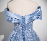 Ndyad A-line Off-shoulder Tulle Satin Long Prom Dress, Blue Evening Dress HZ1024