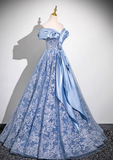 Ndyad A-line Off-shoulder Tulle Satin Long Prom Dress, Blue Evening Dress HZ1024