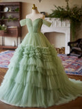 Ndyad Off Shoulder Sweetheart Neck Tulle Green Long Prom Dress HZ1024