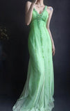 Ndyad V neck Sheath Long Prom Dresses Beaded Chiffon Green Evening Dresses HZ1024
