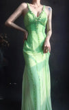 Ndyad V neck Sheath Long Prom Dresses Beaded Chiffon Green Evening Dresses HZ1024