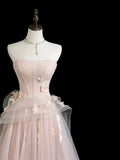 Ndyad Tulle Applique Long Prom Dress, Pink Long Formal Dress HZ1024