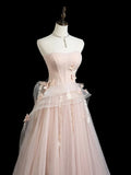 Ndyad Tulle Applique Long Prom Dress, Pink Long Formal Dress HZ1024