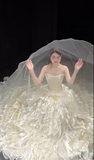 Ndyad Strapless Ball Gown Tiered Tulle Luxury Wedding Dresses, Sleeveless Bridal Gowns HZ1024