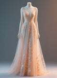 Ndyad V Neck A-Line Tulle Applique Long Prom Dresses, Light Pink Sweet 16 Dress HZ1024
