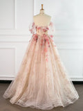 Ndyad Tulle Applique Light Champagne Long Prom Dress, Light Champagne Formal Dress HZ1024